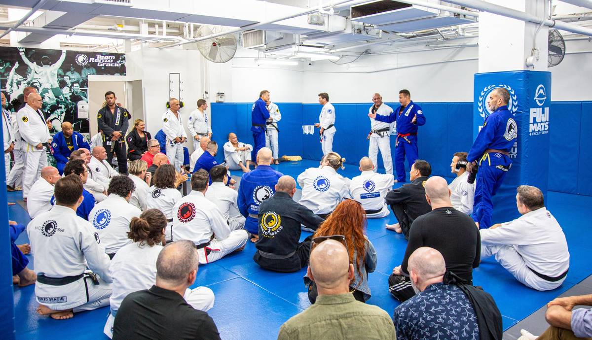 Renzo Gracie teaching a packed room of black belts and students at Renzo Gracie Academy in New York City